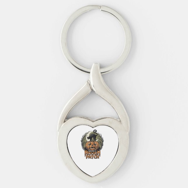 Halloween Pumpkin Cat Rough Patch Vintage Engravin Keychain (Front)