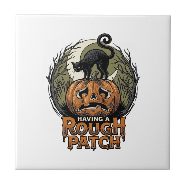 Halloween Pumpkin Cat Rough Patch Vintage Engravin Tile (Front)