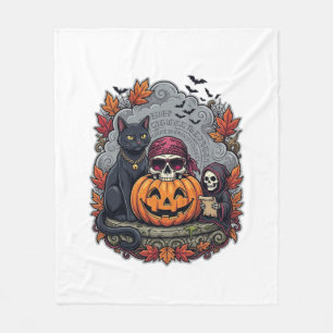 Halloween Pumpkin Cat Skull Grim Reaper Autumn Lea Fleece Blanket