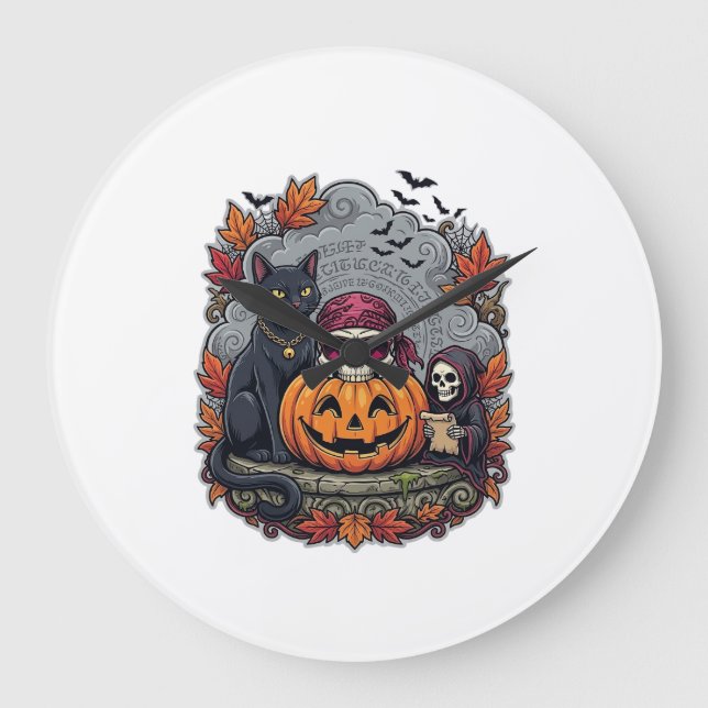 Halloween Pumpkin Cat Skull Grim Reaper Autumn Lea Large Clock (Front)