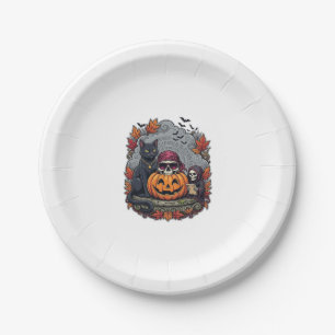 Halloween Pumpkin Cat Skull Grim Reaper Autumn Lea Paper Plate