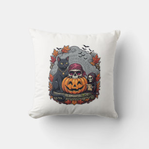 Halloween Pumpkin Cat Skull Grim Reaper Autumn Lea Throw Pillow