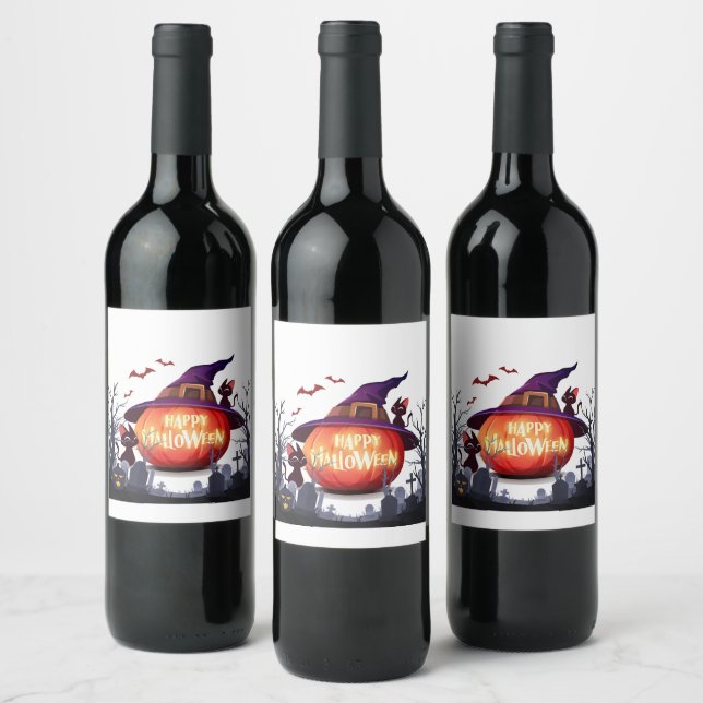 Halloween Pumpkin, Cats & Witch Ha Wine Label (Bottles)