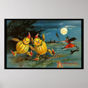 Halloween Pumpkin Characters and Witch Poster