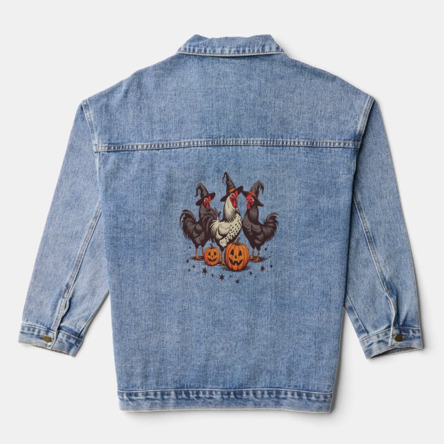 Halloween Pumpkin Chicken Witch Fall Denim Jacket (Back)