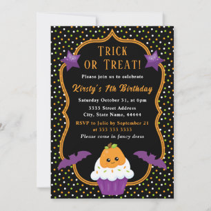 Halloween Pumpkin Cupcake & Polka Dots Birthday Invitation