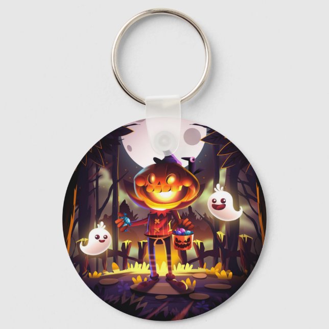 Halloween Pumpkin Cute Ghosts Moon Scary Forest Keychain (Front)