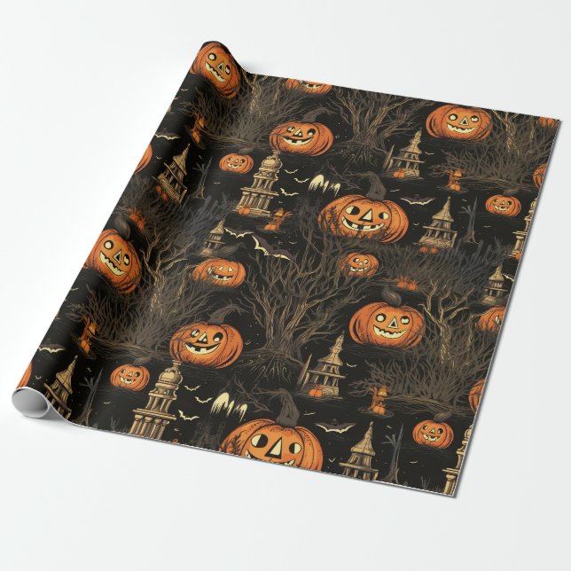 Halloween Pumpkin Dark Wrapping Paper (Unrolled)