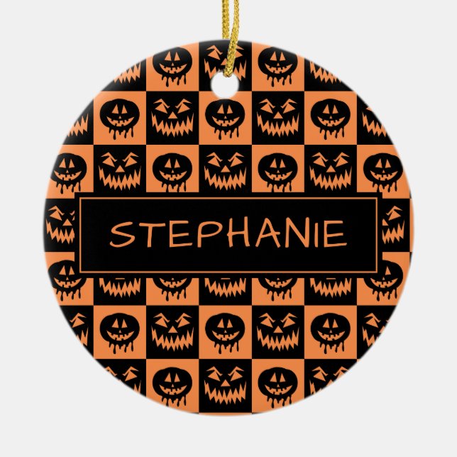 Halloween Pumpkin Face Ghost Spooky Pattern Custom Ceramic Ornament (Front)
