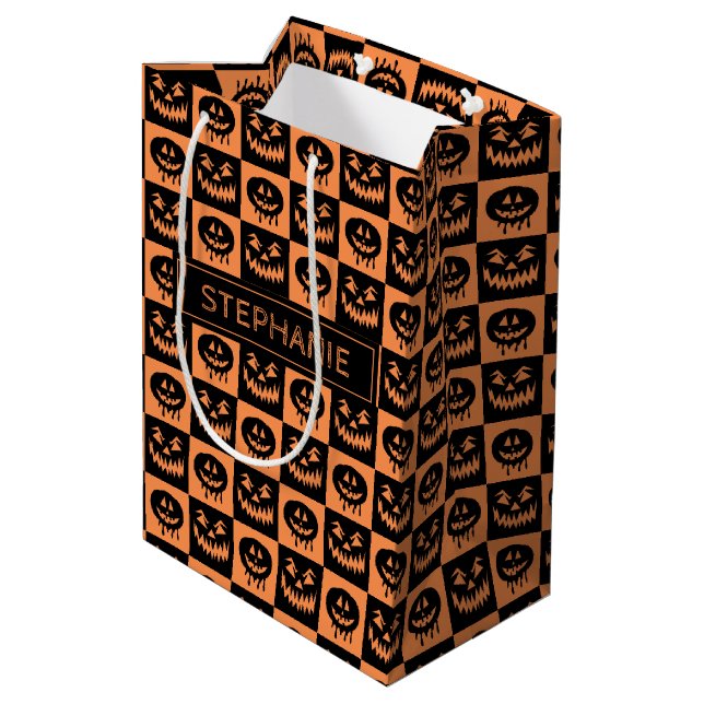 Halloween Pumpkin Face Ghost Spooky Pattern Medium Gift Bag (Back Angled)