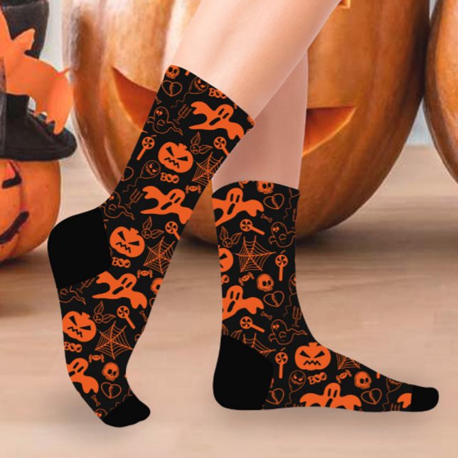 Halloween Pumpkin Face Jack O Lantern Black Socks (Creator Uploaded)