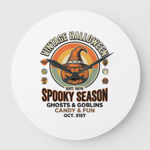 Halloween Pumpkin Funny Vintage Witch Hat_1 Large Clock