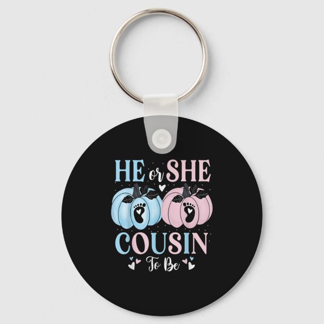 Halloween Pumpkin Gender Reveal He Or She Cousin T Keychain (Front)
