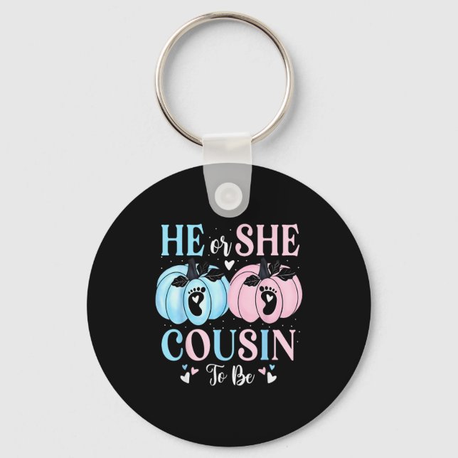 Halloween Pumpkin Gender Reveal He Or She Cousin T Keychain (Front)
