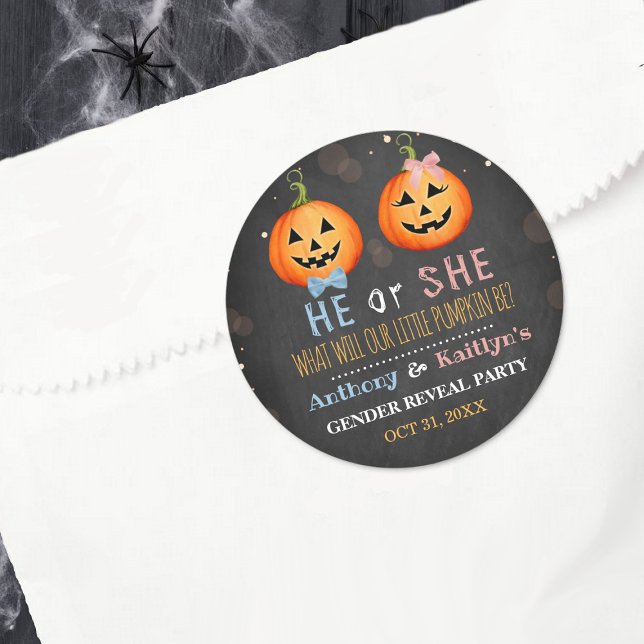 Halloween Pumpkin Gender Reveal Party Classic Round Sticker (Creator Uploaded)