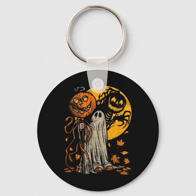 Halloween Pumpkin Ghost Autumn Leaves Graphic Art  Keychain (Front)
