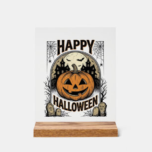 Halloween Pumpkin Graveyard Vintage Spooky Tee Art Acrylic Sign