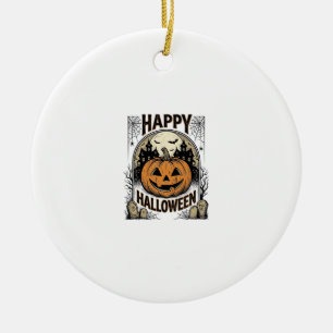 Halloween Pumpkin Graveyard Vintage Spooky Tee Art Ceramic Ornament