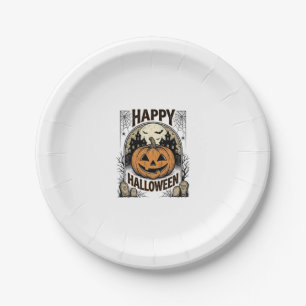 Halloween Pumpkin Graveyard Vintage Spooky Tee Art Paper Plate