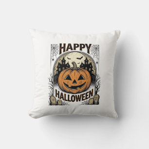 Halloween Pumpkin Graveyard Vintage Spooky Tee Art Throw Pillow