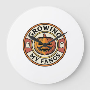 Halloween Pumpkin Growing My Fangs Vintage Badge_1 Large Clock