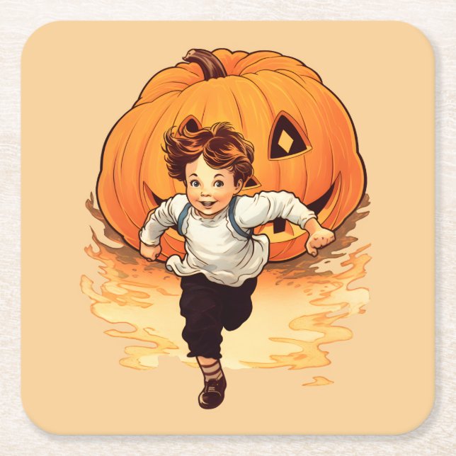 Halloween Pumpkin, Happy Young Boy Square Paper Coaster (Front)