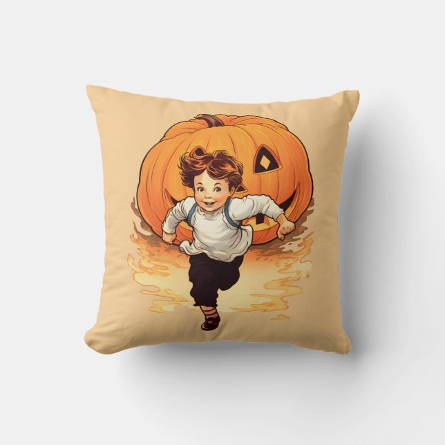 Halloween Pumpkin, Happy Young Boy Throw Pillow (Front)