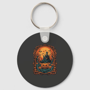 Halloween Pumpkin Haunted House Full Moon Bats Keychain