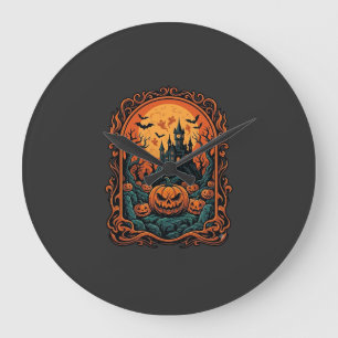 Halloween Pumpkin Haunted House Full Moon Bats Large Clock