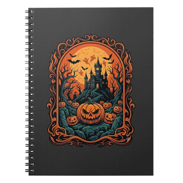 Halloween Pumpkin Haunted House Full Moon Bats Notebook (Front)