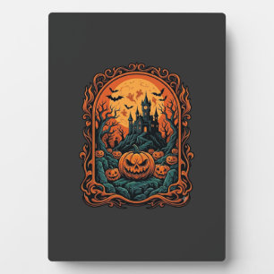 Halloween Pumpkin Haunted House Full Moon Bats Plaque