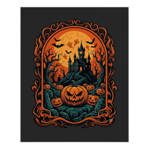 Halloween Pumpkin Haunted House Full Moon Bats Poster