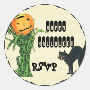 HALLOWEEN PUMPKIN HEAD Cornstalk and Black Cat Classic Round Sticker