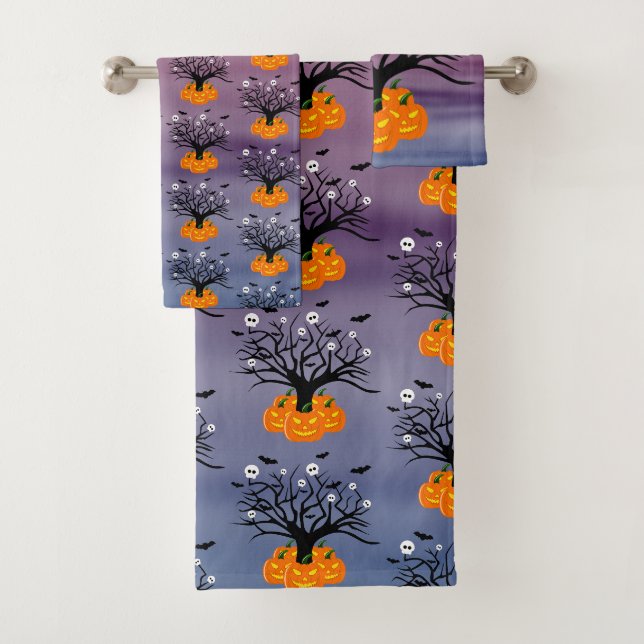 Halloween Pumpkin Jack o’ Lantern Dead Tree Bath Towel Set (Insitu)