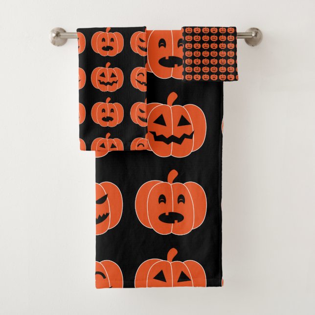 Halloween Pumpkin Jack-O-Lantern Spooky Black Bath Towel Set (Insitu)