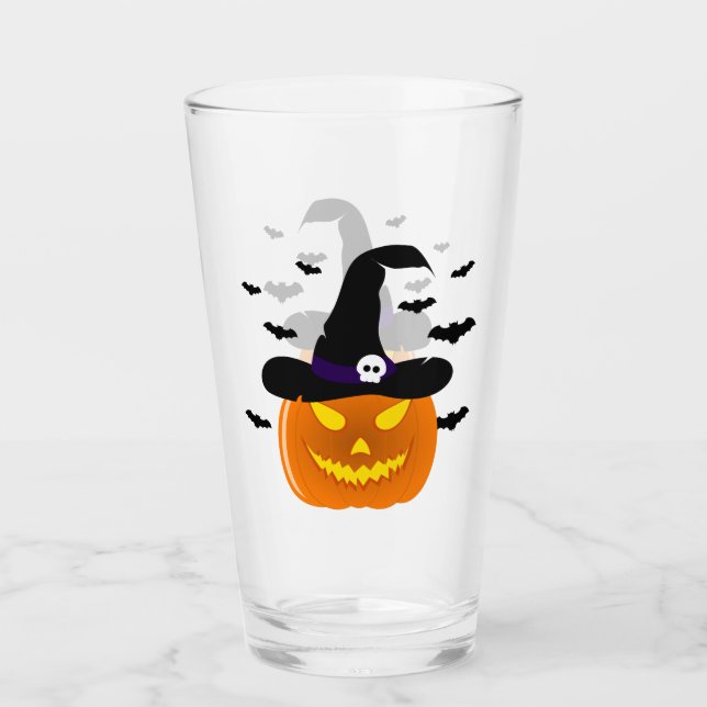 Halloween Pumpkin Jack o’ Lantern Witch Hat Glass (Front)