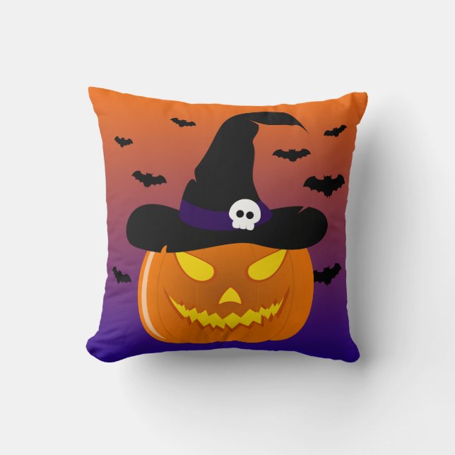 Halloween Pumpkin Jack o’ Lantern Witch Hat Throw Pillow (Front)