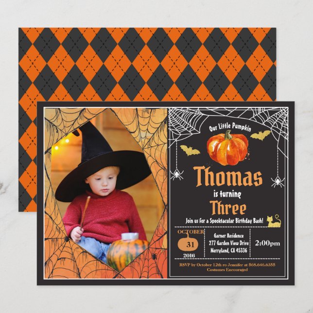 Halloween pumpkin kid birthday party photo invitation (Front/Back)