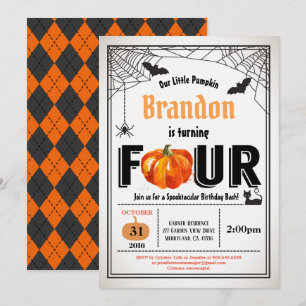 Halloween pumpkin kids 4th birthday party invitation