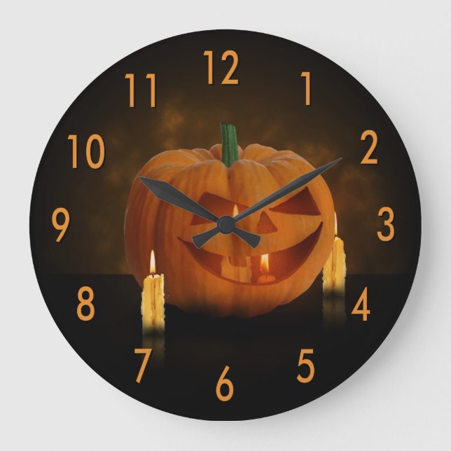 Halloween Pumpkin Lantern with Candles Large Clock (Front)