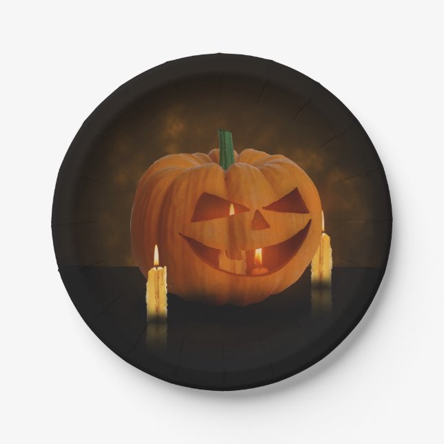 Halloween Pumpkin Lantern with Candles Paper Plate (Front)