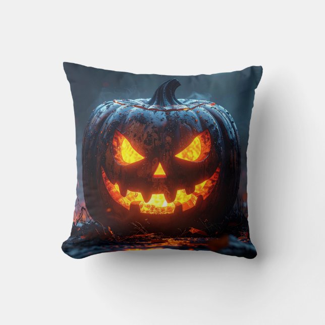 Halloween pumpkin lantern with glowing eyes, dark  throw pillow (Front)