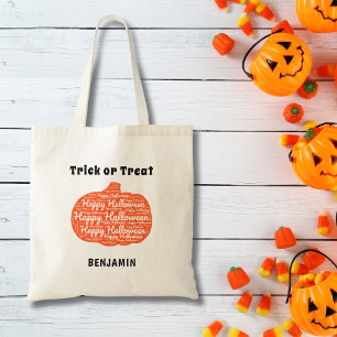 Halloween Pumpkin Monogram Name Trick or Treat Tote Bag