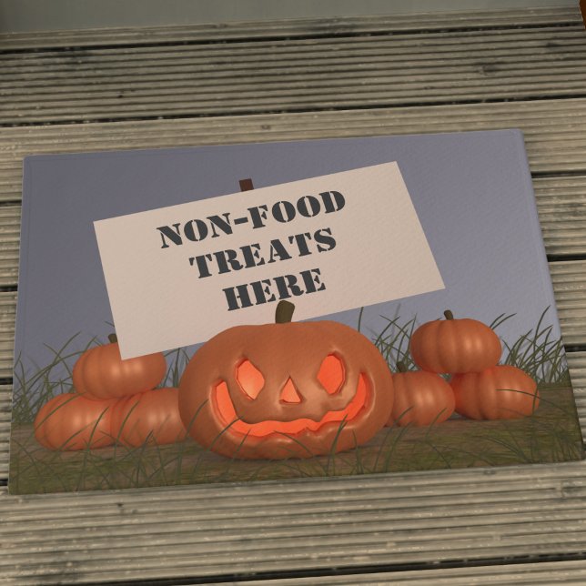 Halloween Pumpkin Non Food Treats Here Doormat (Fun pumpkin patch halloween doormat just for you. Non food treats here! Bring it out each year)