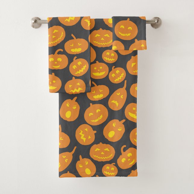Halloween Pumpkin Orange Black Jack O'Lantern Bath Towel Set (Insitu)