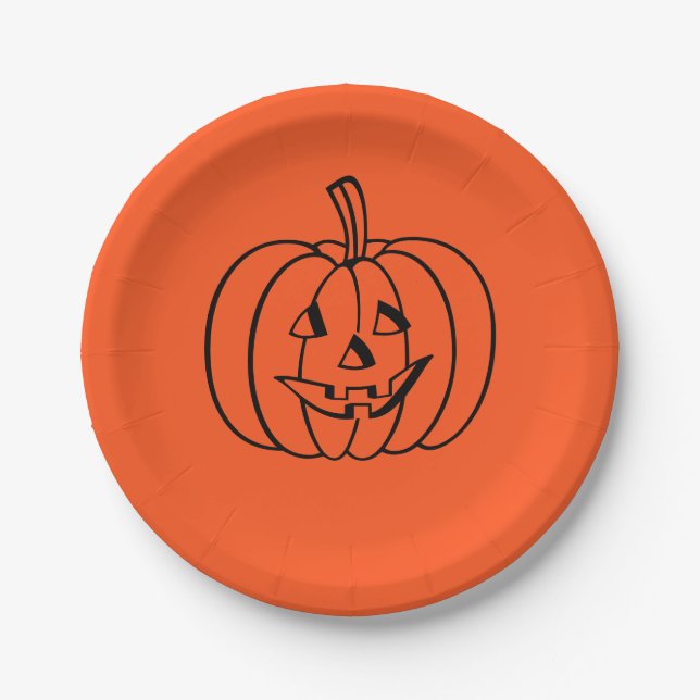 Halloween Pumpkin Orange Jack-o-Lantern Paper Plate (Front)