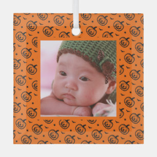 Halloween pumpkin pattern orange photo glass ornament