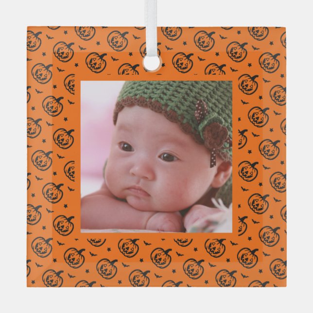 Halloween pumpkin pattern orange photo glass ornament (Front)