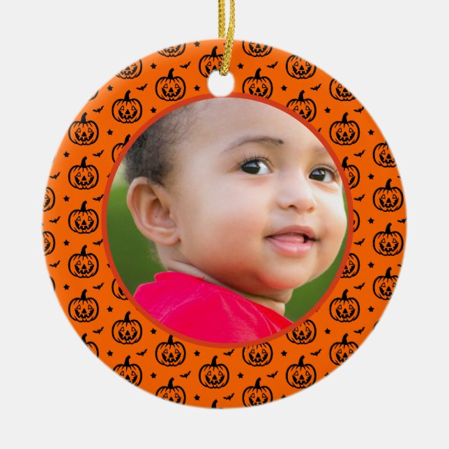 Halloween pumpkin pattern wishes orange photo ceramic ornament (Front)