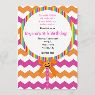 Halloween Pumpkin Pink Chevron Lollipop Invitation